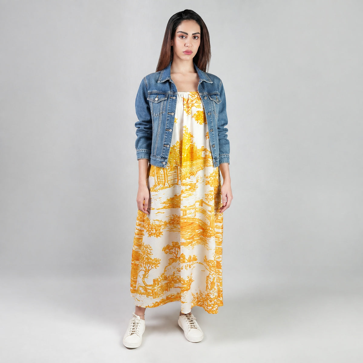 A Place In Time Scenic Toile Countryside Spaghetti Strap Maxi Dress