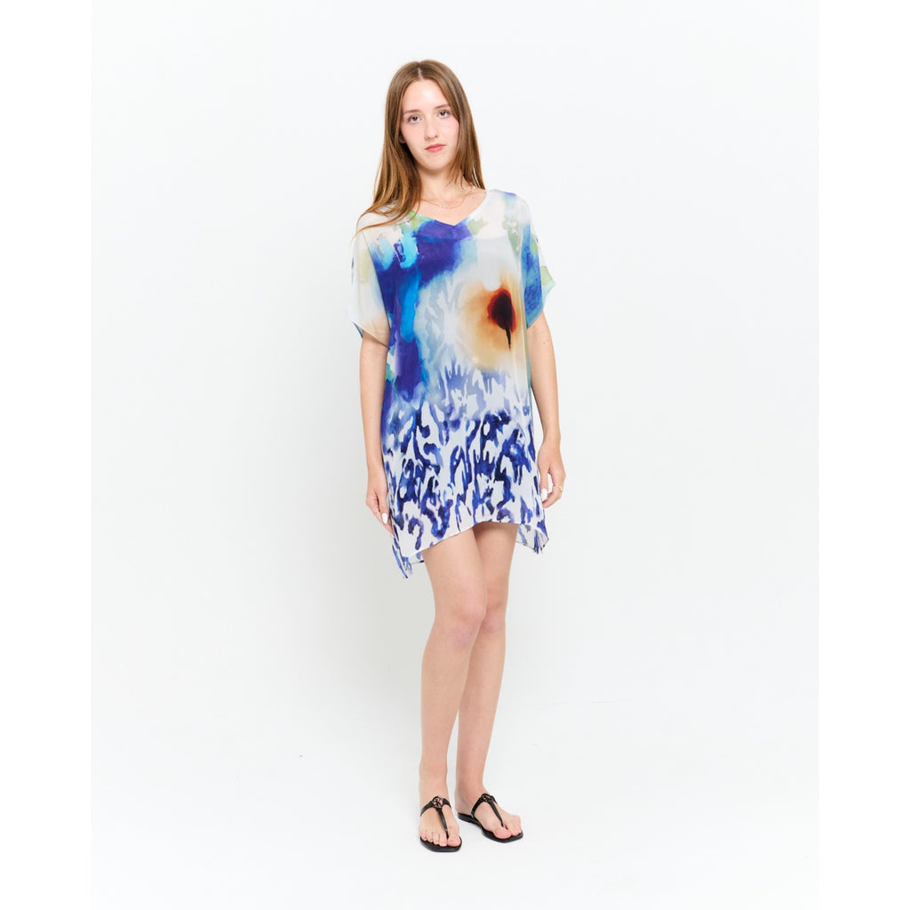 Ciel & Sand Sheer Short Kaftan Dress - Blue & Brown Beach Cover Up