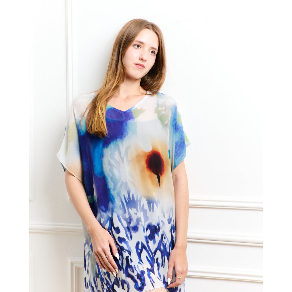 Ciel & Sand Sheer Short Kaftan Dress - Blue & Brown Beach Cover Up