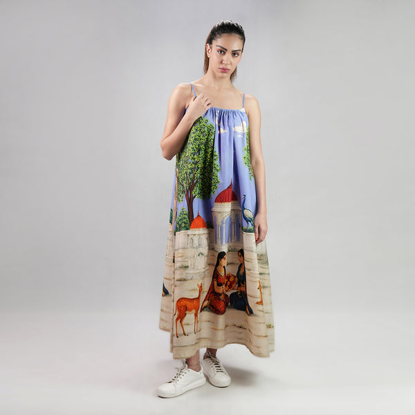 Saanjh Heritage Art Print Spaghetti Strap Maxi Dress - Multicolor