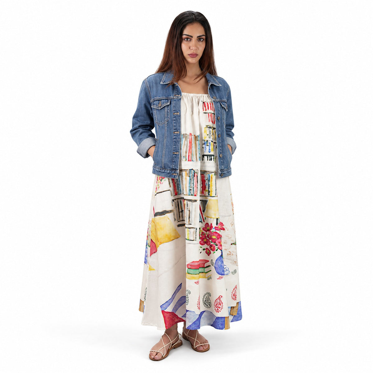 Abode Artistic Bookshelf Printed Spaghetti Strap Maxi Dress