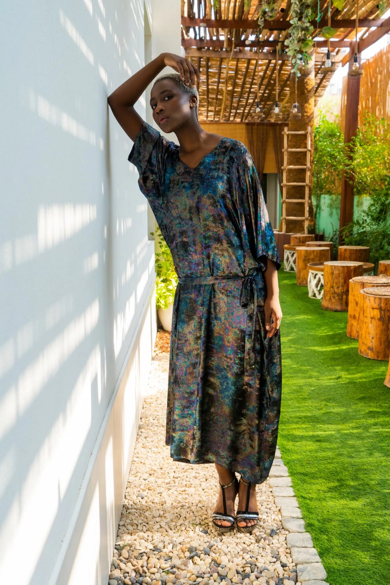 Shadow Of Sequin Shimmer Rainbow Black Long Kaftan - Party Dress