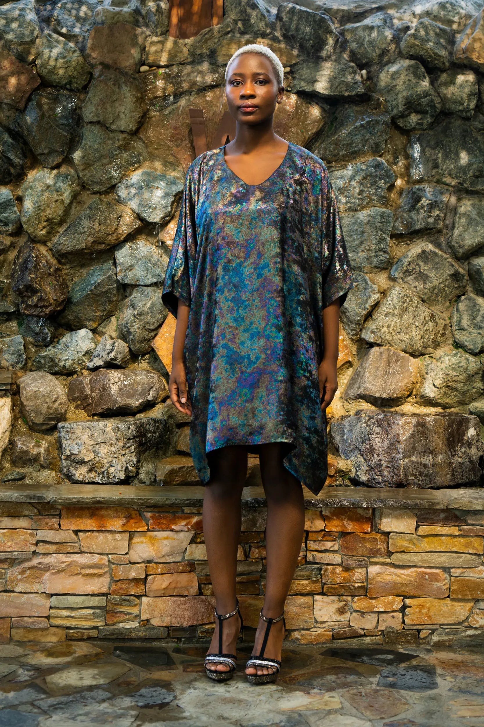 Shadow Of Sequin Shimmer Rainbow Black Short Kaftan - Party Dress